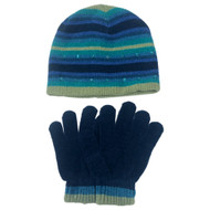 Faded Glory Girls Green & Blue Stripes Sequin Hat & Gloves Beanie Set