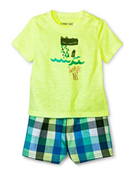 Cherokee Infant Boys 2-Piece Yellow Alligator T-Shirt & Plaid Short Set