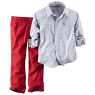 Carters Infant Boys 2 Piece Outfit Red Pants & Blue & White Stripe Shirt Set