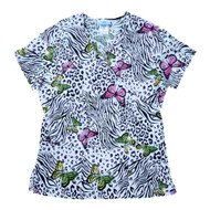 Simply Basic Women White Stripe Butterfly Medical Smock Nurse Scrub Shirt Top