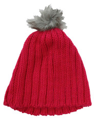 Urbanology Womens Chunky Pink Knit Beanie Winter Hat with Faux Fur Pom Pom