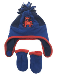 Toby Infant Boys Blue Fleece Robot Trapper Hat & Mittens Set