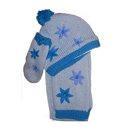 Girls Blue Knit Flower Scarf Mittens & Beanie Hat Set