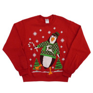 Holiday Party Mens Red Penguin & Reindeer Christmas Sweatshirt