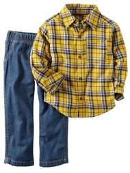 Carters Infant Boys 2-Piece Yellow Plaid Shirt & Denim Pant Set