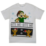 Gildan Mens White Christmas T-Shirt Bite Me Gingerbread Man Shirt