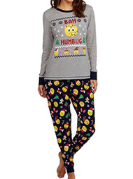 Womens Gray & Blue Emoji Holiday Pajamas Bah Humbug Christmas Sleep Set