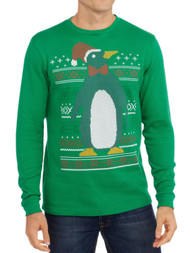 Christmas Cheer Mens Green Holiday Penguin Long Sleeve Thermal Shirt
