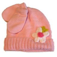 Infant Girls Pink Knit Baby Hat & Mittens Set White With Crochet Flower