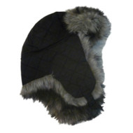 Envision Studio Womens Quilted Black Trapper Hat with Plush Gray Fur Aviatior