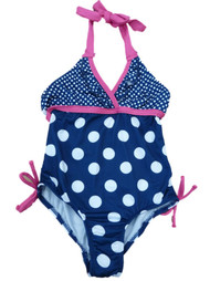 Pink Platinum Girls Blue Polka Dot Halter Swimming Suit Bathing Suit 1 PC Size 4