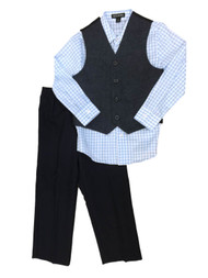 George Boys Holiday Outfit Blue Checkered Dress Shirt Vest & Slacks