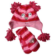 Jumping Beans Girls Striped Pink Fleece Hat Mittens Critter Style Owl Trapper