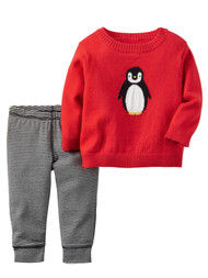 Carters Infant Boys 2-Piece Red Penguin Sweater & Striped Pant Set
