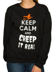 Happy Halloween Junior Women Black Keep Calm Creep It Real Sweatshirt Top