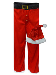 Mad Engine Mens Red Velour Santa Claus Sleep Pants Pajama Bottoms &  Hat