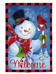 Evergreen Welcome Smiling Snowman Blue Fabric Holiday Flag 18 by 12 Inch