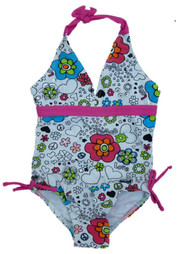 St Tropez Girls White Flower Heart Print Swimming Suit Swim Bathing Suit 1 PC