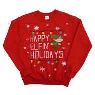 Gildan Mens Red Happy Elfin' Holidays Angry Elf Christmas Sweatshirt