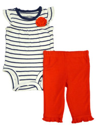 Carters Infant Girls Blue & White Striped Bodysuit & Leggings Outfit 2 PC Set