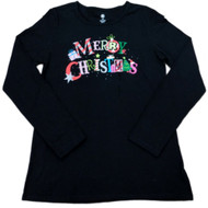Holiday Time Womens Black Glitter Merry Christmas T-Shirt Holiday Tee Shirt