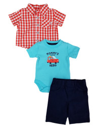Infant Boys 3 Piece Baby Outfit Mommys Hero Shirt Pants & Fire Truck Bodysuit