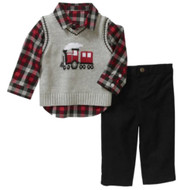 George Infant Boys 3P Holiday Outfit Gray Train Sweater Vest Plaid Shirt & Pants