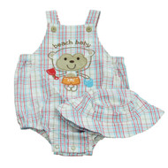 First Moments Infant Boys Monkey Red Blue Plaid Overall Shorts & Bucket Hat 3m