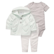 Carters Infant Girls 3 Piece White Gray Pants Creeper Green Striped Hoodie