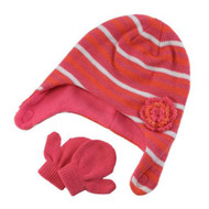 Baby Kisses Infant Toddler Girls Striped Pink Orange Trapper Hat Mittens