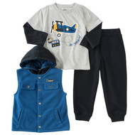 Kids Headquarters Infant Boys 3 Piece Air Plane Shirt Pants & Hooded Vest