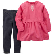 Carters Infant Girls 2 Piece Pink Shirt & Denim Look Leggings Jeggings Outfit