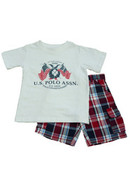 USPA Polo Infant & Toddler Boys White T-Shirt & Red Plaid Shorts Set