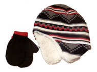 Faded Glory Toddler Boys Striped Red & Black Trapper Hat & Mittens Beanie Set