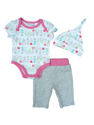 First Impressions Infant Girl 3 PC Outfit Flower Bodysuit Gray Leggings Hat
