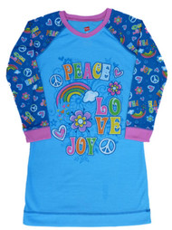 Hanes Girls Blue Peace Love Joy Night Gown Long Sleeve Nightie Small (6-6X)