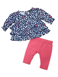 Faded Glory Infant Girl Blue Pink Star Ruffled Shirt Leggings 2 PC Outfit