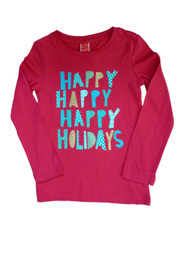 Girl Red Happy Happy Happy Holidays T-Shirt Glittery Christmas Tee