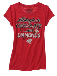 Rocker Girl Womens Red Allergic to Chocolate Not Diamonds T-Shirt Valentines