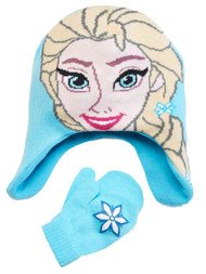 Disney Frozen Toddler Girls Blue Princess Elsa Trapper Hat & Mittens Beanie Set