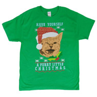 Mens Green Santa Cat Furry Christmas Holiday T-Shirt