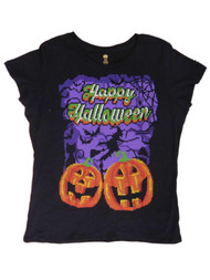Womens Black Happy Halloween T-Shirt Pixelated Pumpkin & Witch Tee Shirt