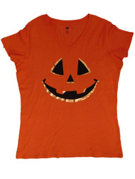 Womens Orange & Gold Shimmer Pumpkin Shirt Jack-O-Lantern Halloween Tee