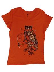Womens Orange & Gold Shimmer Owl Shirt Stars & Moon Halloween Tee