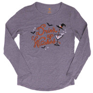 Womens Gray Drink Up Witches T-Shirt Long Sleeve Halloween Glitter Tee