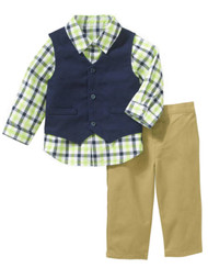 Infant Boys Blue &Green Plaid 3 Piece Dress Up Vest Outfit with Khaki Pants