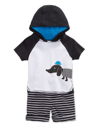 Infant Boys 2 Piece Striped Dog Hooded T-Shirt & Short Set