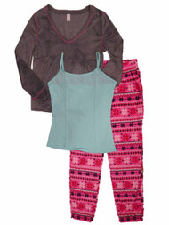 Junior Womens Gray & Pink Snowflake 3 Piece Fleece Pajamas Sleep Set with Camisole