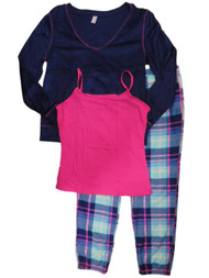 Junior Womens Blue Plaid 3 Piece Fleece Pajamas Sleep Set with Camisole