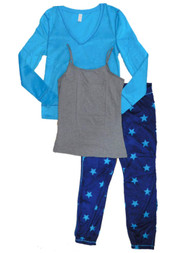 Junior Womens Blue Stars 3 Piece Fleece Pajamas Sleep Set with Camisole